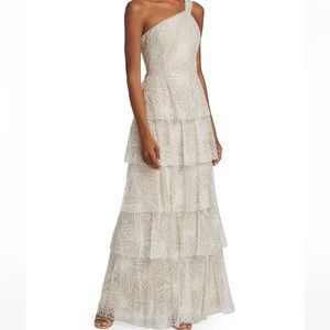 Marchesa Notte One Shoulder Beaded Glitter Gown